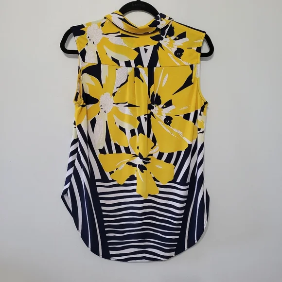 Frank Lyman Collared Stripe Floral Sleeveless Top Size 8 Half Zip Rhinestones - Picture 10 of 10